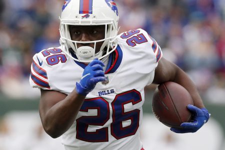 Devin Singletary #26 of the Buffalo Bills in action against the New York Jets at MetLife Stadium on November 14, 2021 in East Rutherford, New Jersey.