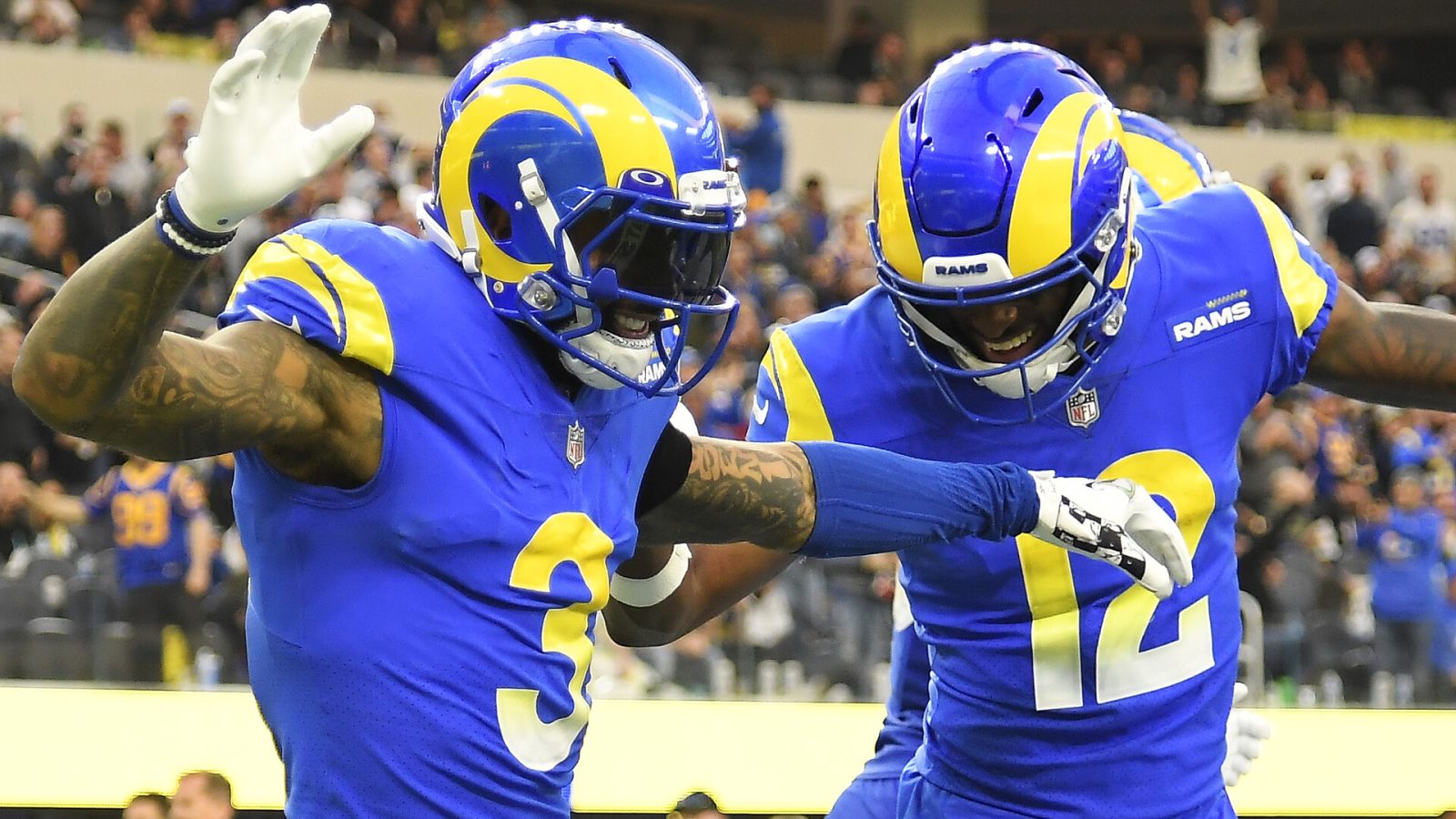Odell Beckham Jr. #3 of the Los Angeles Rams celebrates his touchdown with Van Jefferson #12 of the Los Angeles Rams during the fourth quarter against the Jacksonville Jaguars at SoFi Stadium on December 05, 2021 in Inglewood, California.