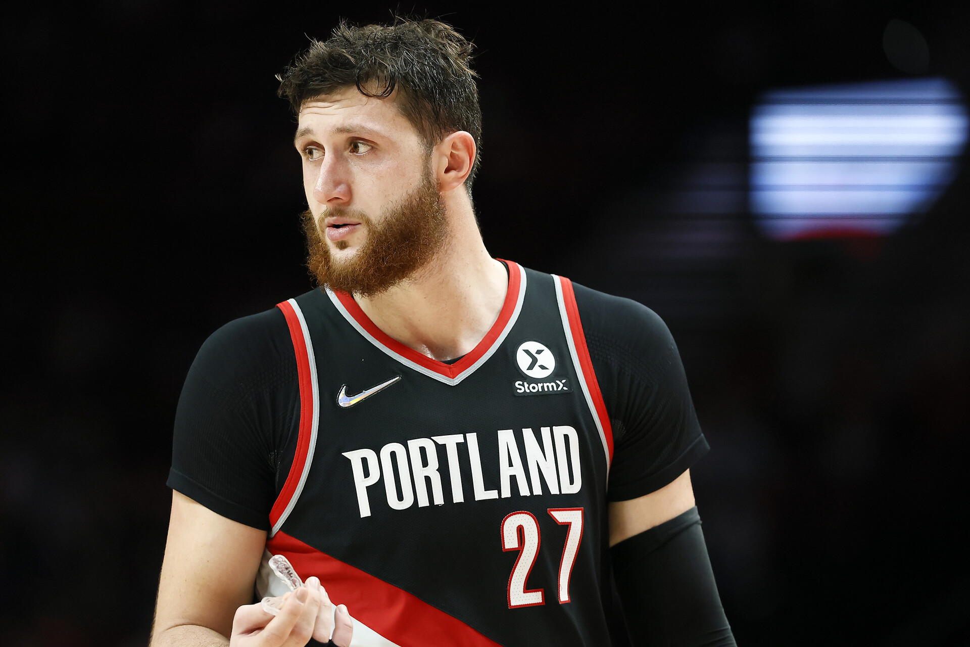 Jusuf Nurkic # 27 of the Portland Trail Blazers reacts during the second half against the Los Angeles Clippers at Moda Center on December 06, 2021 in Portland, Oregon.