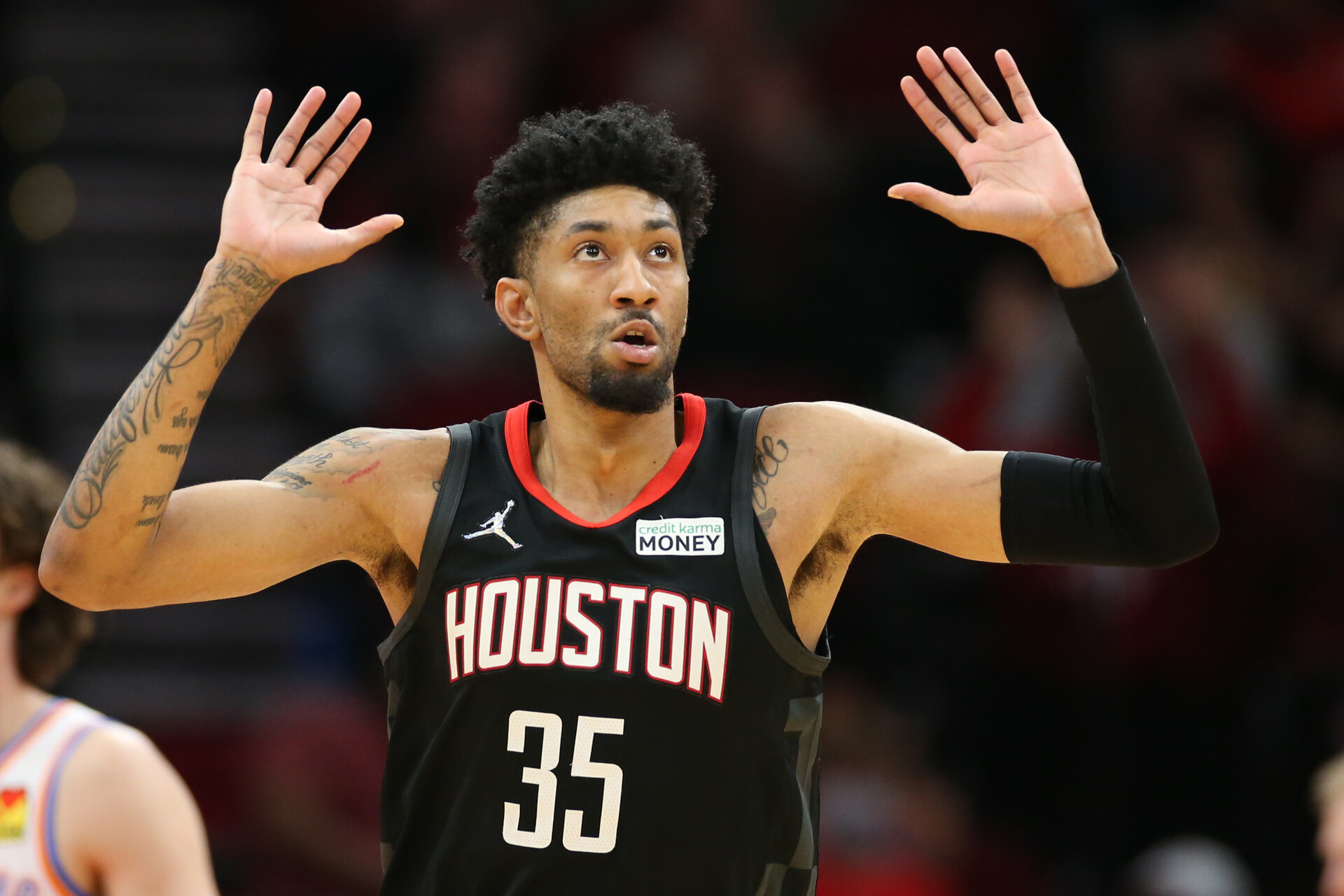 Christian Wood #35 of the Houston Rockets looks on at Toyota Center on November 29, 2021 in Houston, Texas