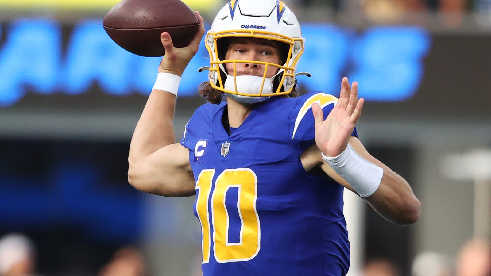 Justin Herbert #10 of the Los Angeles Chargers throws the ball during the second quarter against the New York Giants at SoFi Stadium on December 12, 2021 in Inglewood, California.