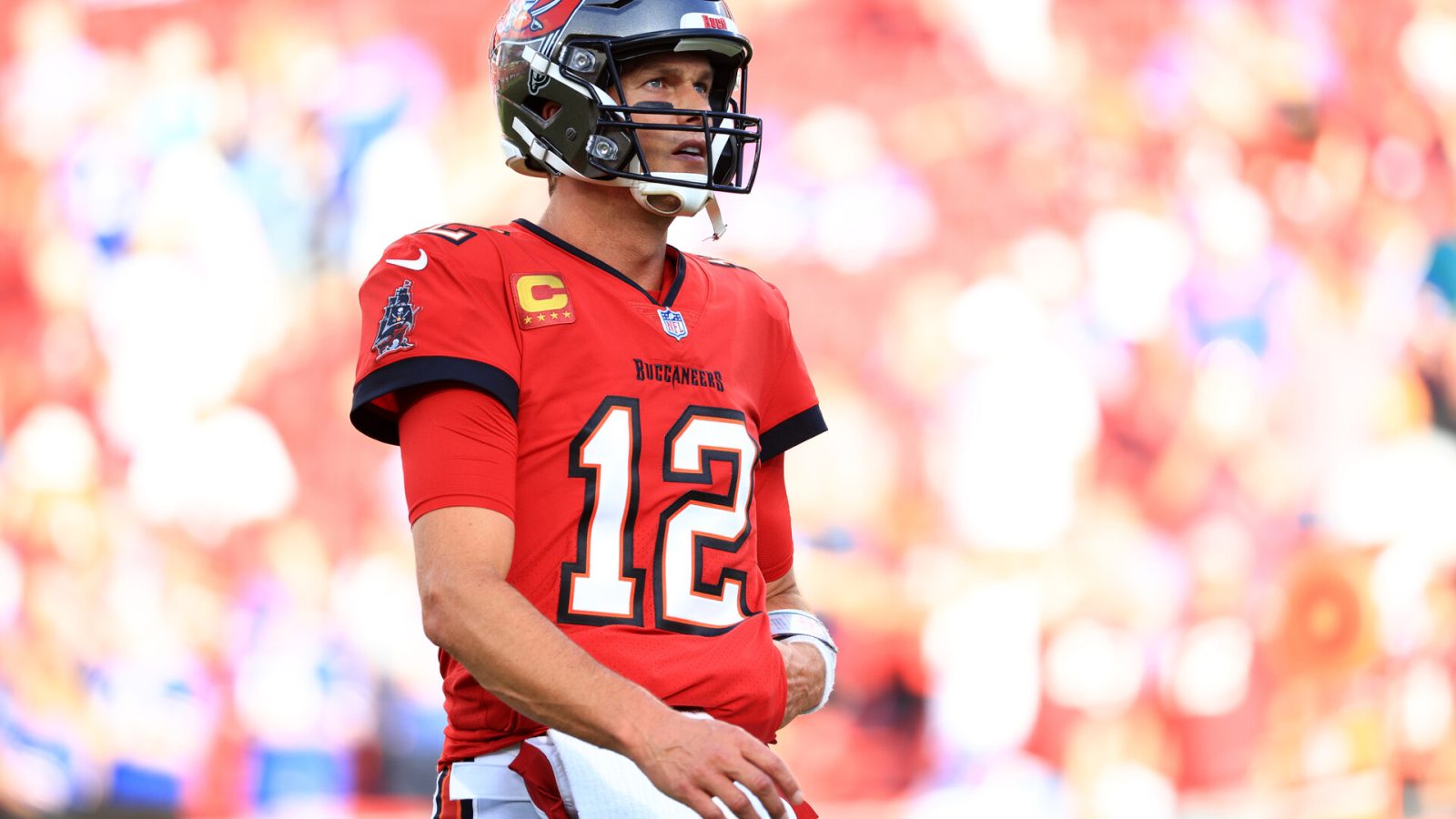 Tom Brady #12 of the Tampa Bay Buccaneers reacts Buffalo Bills during the first half at Raymond James Stadium on December 12, 2021 in Tampa, Florida.