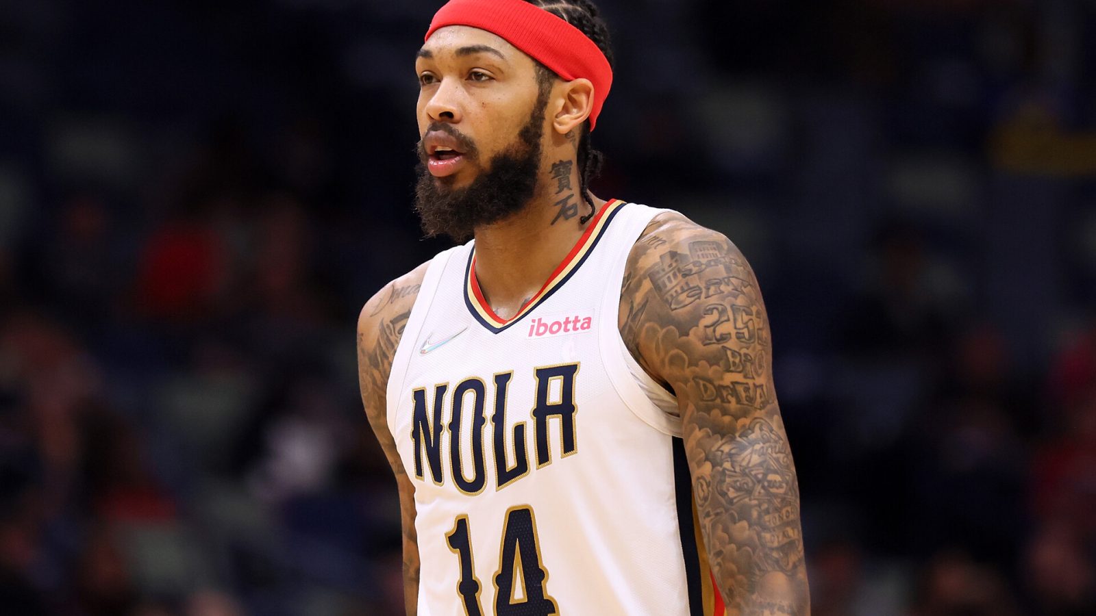 Brandon Ingram #14 of the New Orleans Pelicans reacts against the Detroit Pistons during a game at the Smoothie King Center on December 10, 2021 in New Orleans, Louisiana.
