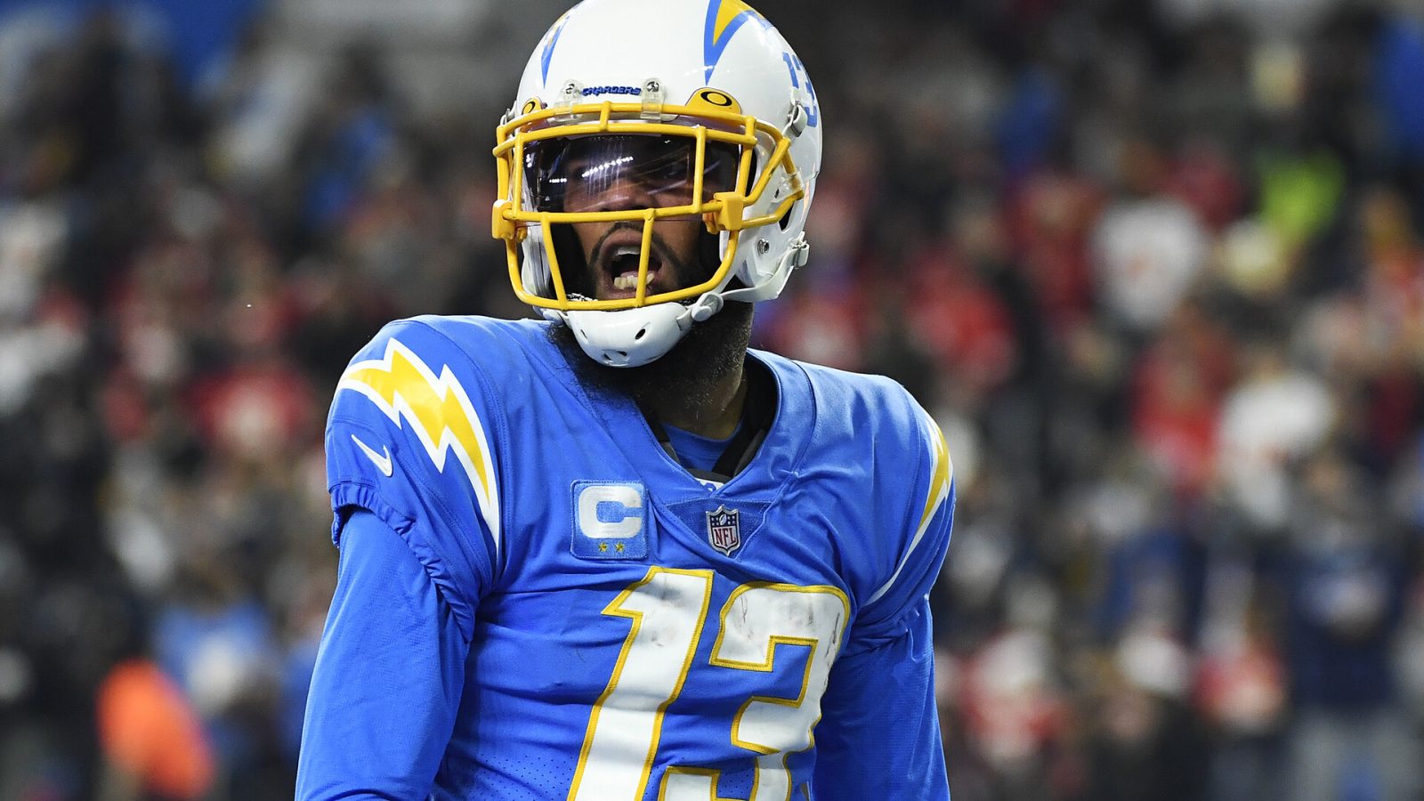Keenan Allen #13 of the Los Angeles Chargers reacts after scoring a touchdown during the fourth quarter against the Kansas City Chiefs at SoFi Stadium on December 16, 2021 in Inglewood, California.