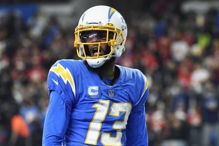 Keenan Allen #13 of the Los Angeles Chargers reacts after scoring a touchdown during the fourth quarter against the Kansas City Chiefs at SoFi Stadium on December 16, 2021 in Inglewood, California.
