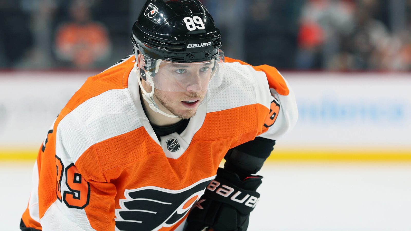 Cam Atkinson #89 of the Philadelphia Flyers looks on against the New Jersey Devils at the Wells Fargo Center on December 14, 2021 in Philadelphia, Pennsylvania.