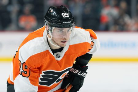 Cam Atkinson #89 of the Philadelphia Flyers looks on against the New Jersey Devils at the Wells Fargo Center on December 14, 2021 in Philadelphia, Pennsylvania.