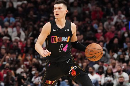 Tyler Herro #14 of the Miami Heat controls the ball against the Indiana Pacers during the second half at FTX Arena on December 21, 2021 in Miami, Florida.