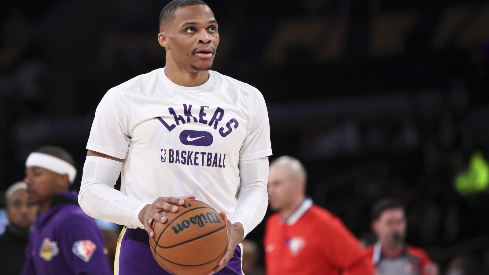 Russell Westbrook #0 of the Los Angeles Lakers warms up before the game against the Phoenix Suns at Staples Center on December 21, 2021 in Los Angeles, California.