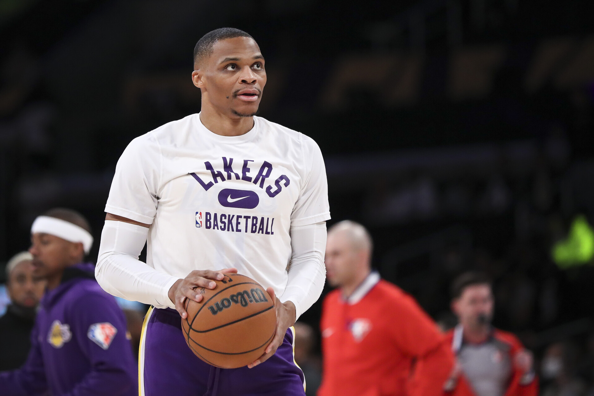 Russell Westbrook #0 of the Los Angeles Lakers warms up before the game against the Phoenix Suns at Staples Center on December 21, 2021 in Los Angeles, California.