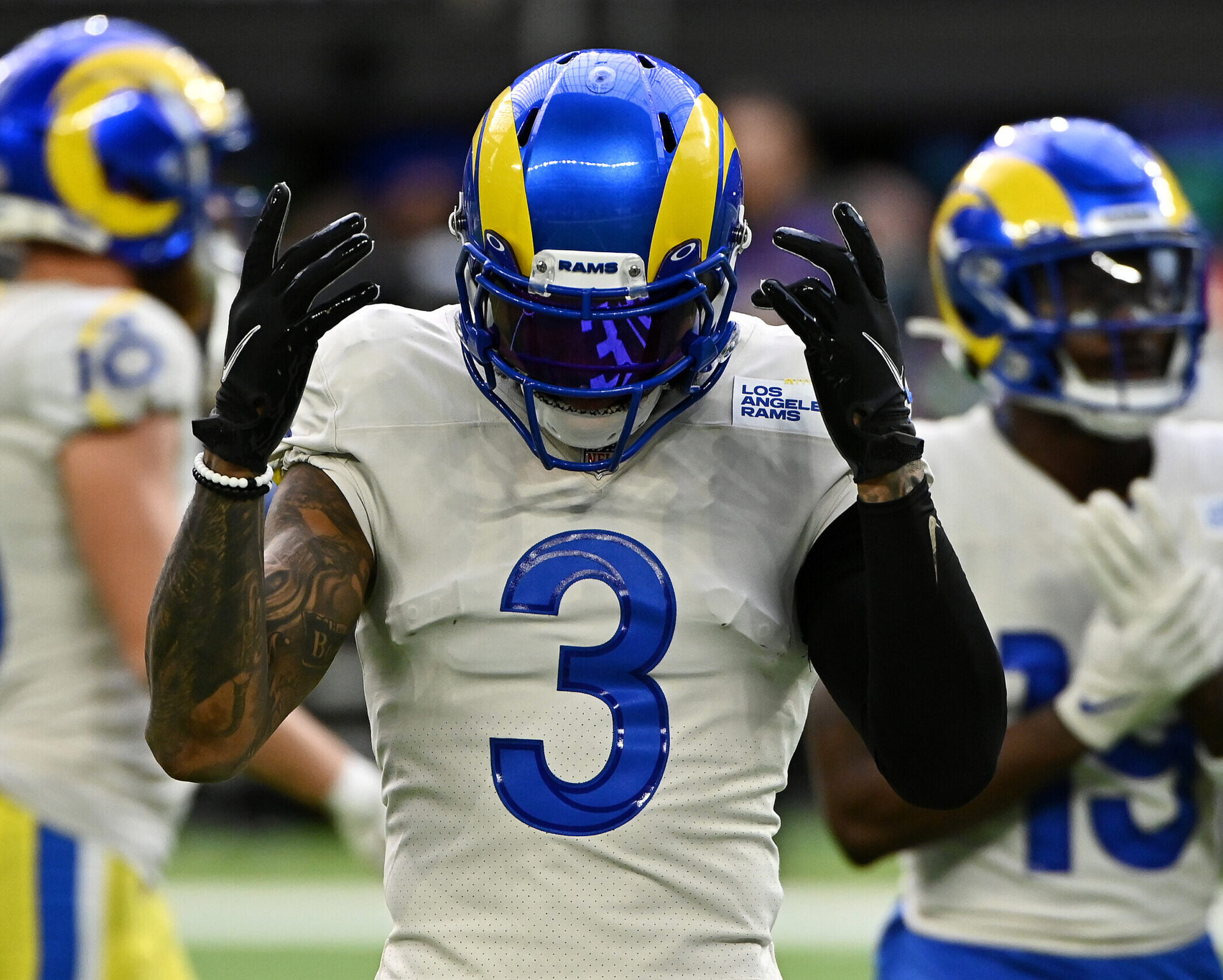 Odell Beckham Jr. #3 of the Los Angeles Rams goes through his pre-game routine before the game against the Minnesota Vikings at U.S. Bank Stadium on December 26, 2021 in Minneapolis, Minnesota.
