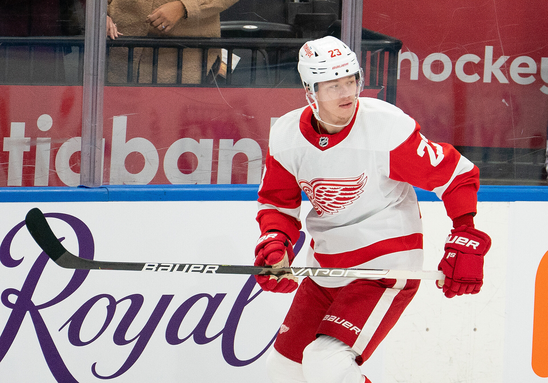 Detroit Red Wings right wing Lucas Raymond skates during warmups prior to a game against the Toronto Maple Leafs