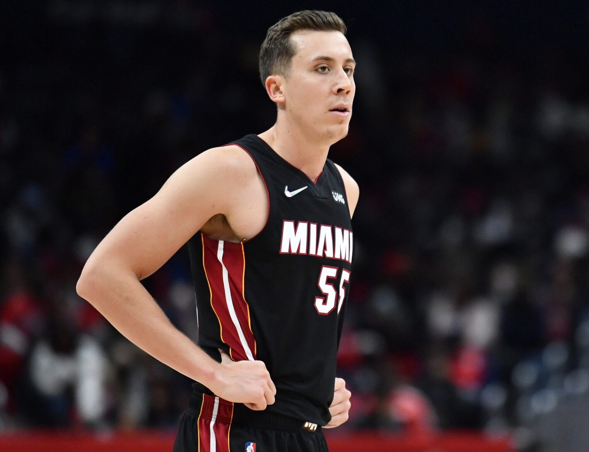 Miami Heat guard Duncan Robinson looks on during a break in the action against the Washington Wizards