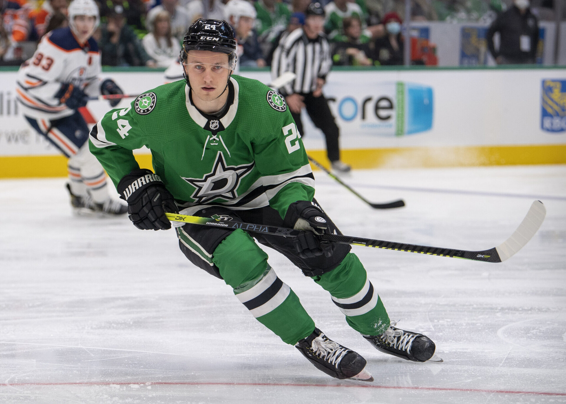 Dallas, Texas, USA; Dallas Stars left wing Roope Hintz (24) in action during the game between the Dallas Stars and the Edmonton Oilers at the American Airlines Center.