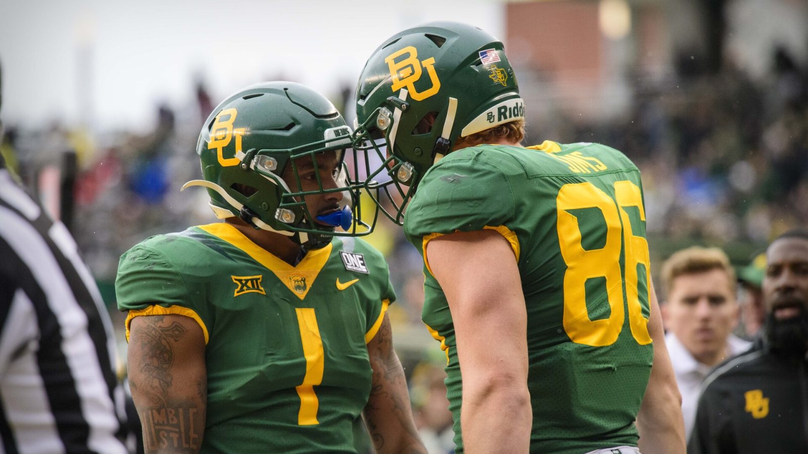 Baylor Bears running back Trestan Ebner (1) and tight end Ben Sims (86) celebrate a touchdown against the Texas Tech Red Raiders during the second half at McLane Stadium.