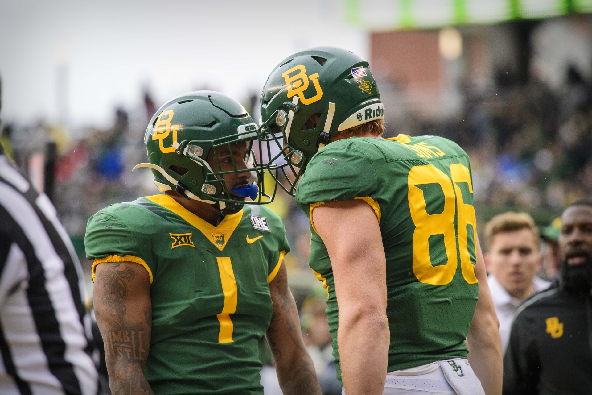 Baylor Bears running back Trestan Ebner (1) and tight end Ben Sims (86) celebrate a touchdown against the Texas Tech Red Raiders during the second half at McLane Stadium.