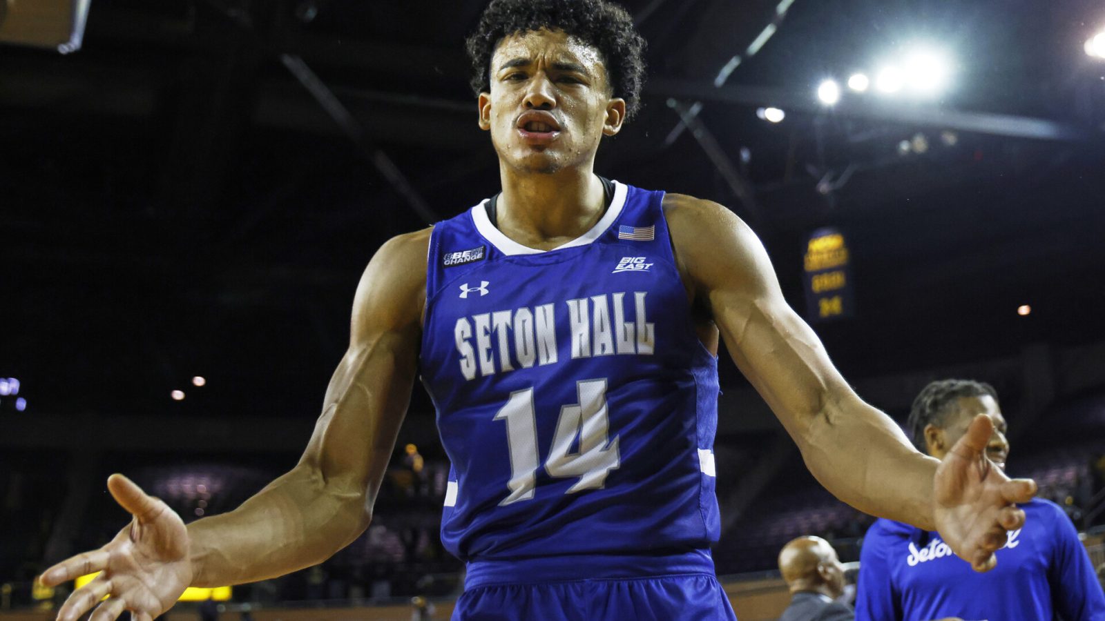 Seton Hall Pirates guard Jared Rhoden celebrates after defeating the Michigan Wolverines