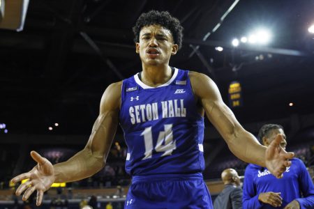 Seton Hall Pirates guard Jared Rhoden celebrates after defeating the Michigan Wolverines