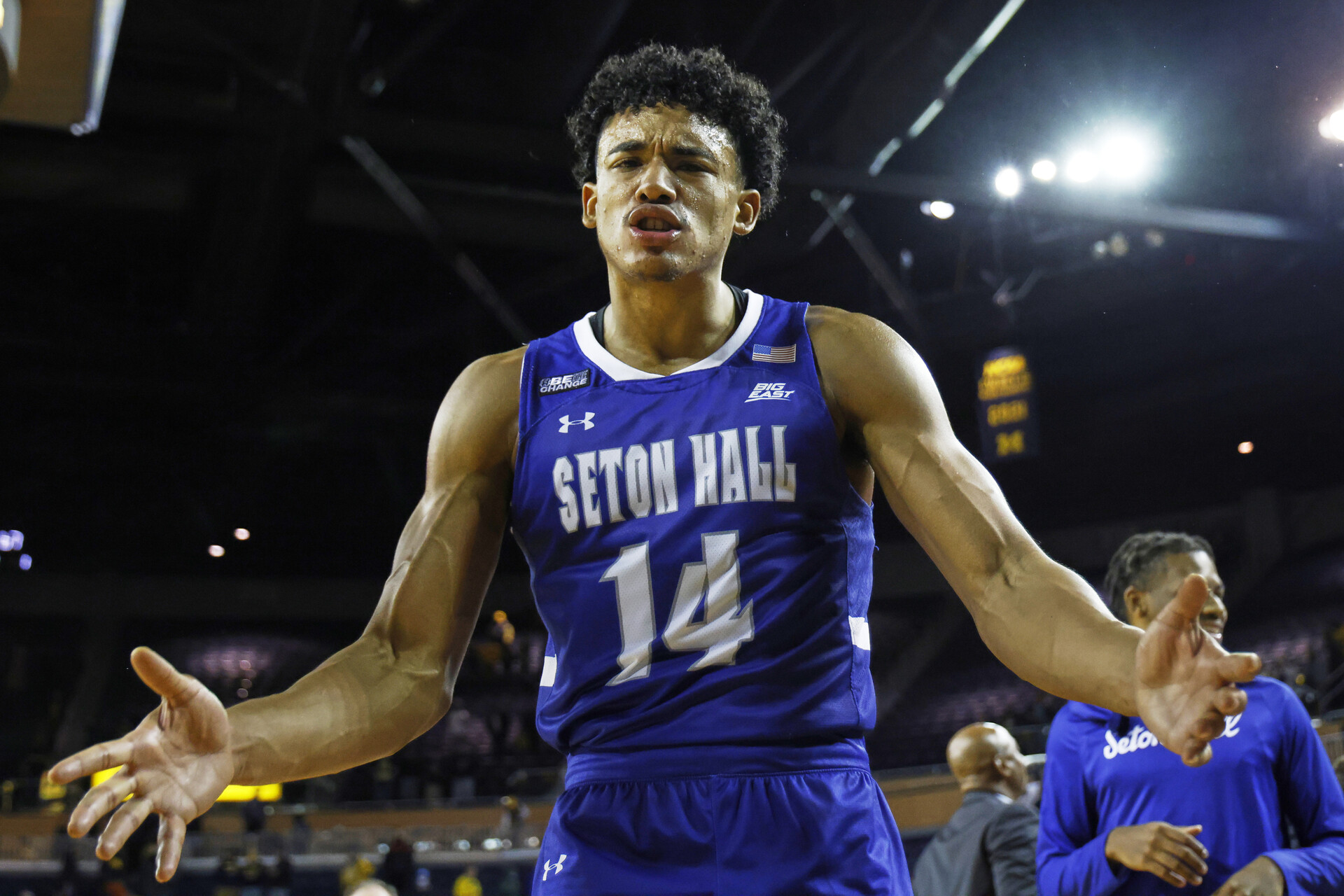 Seton Hall Pirates guard Jared Rhoden celebrates after defeating the Michigan Wolverines