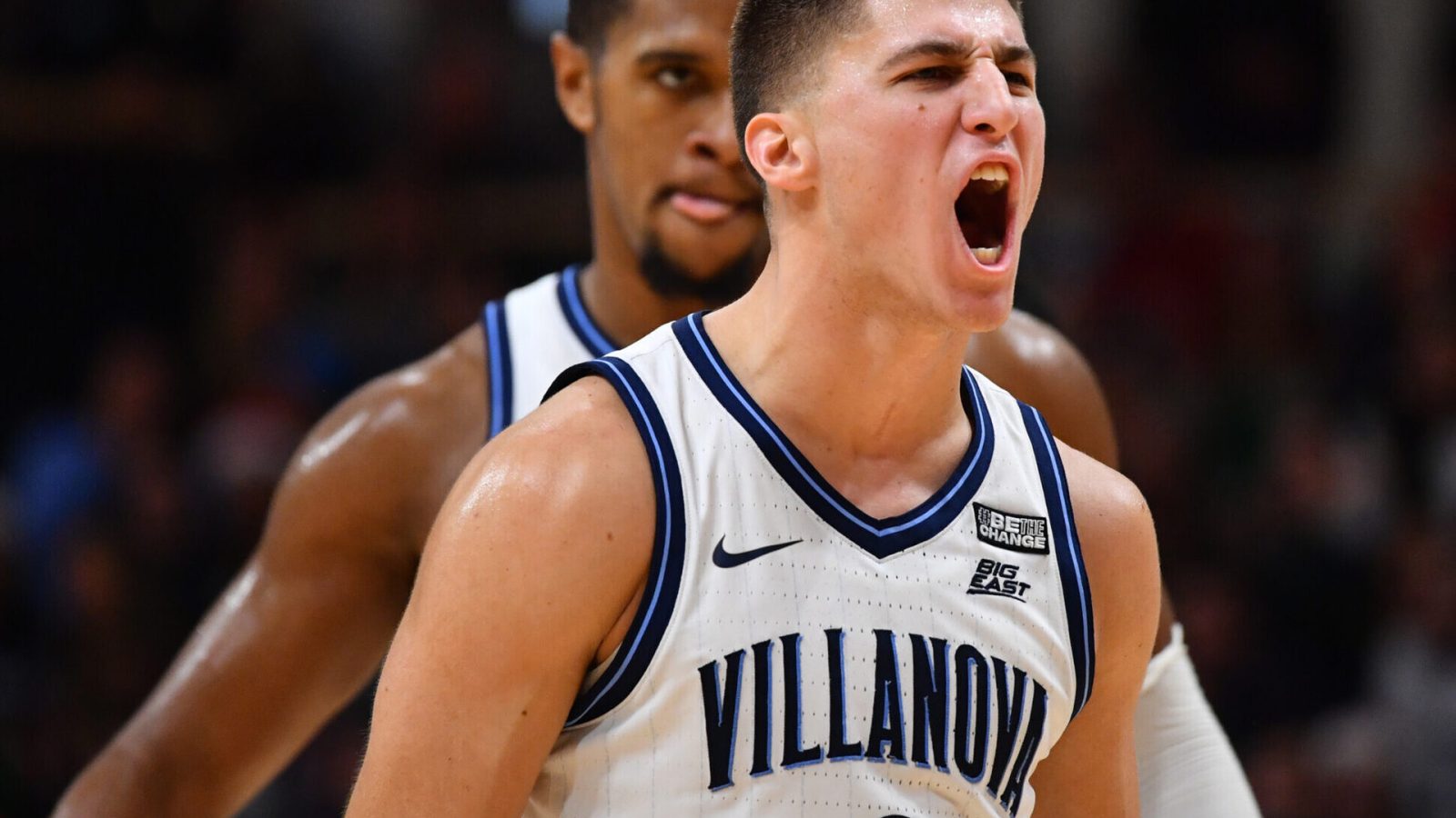 Villanova Wildcats guard Collin Gillespie (2) reacts during a break in a game against the Saint Joseph's Hawks