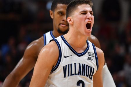 Villanova Wildcats guard Collin Gillespie (2) reacts during a break in a game against the Saint Joseph's Hawks