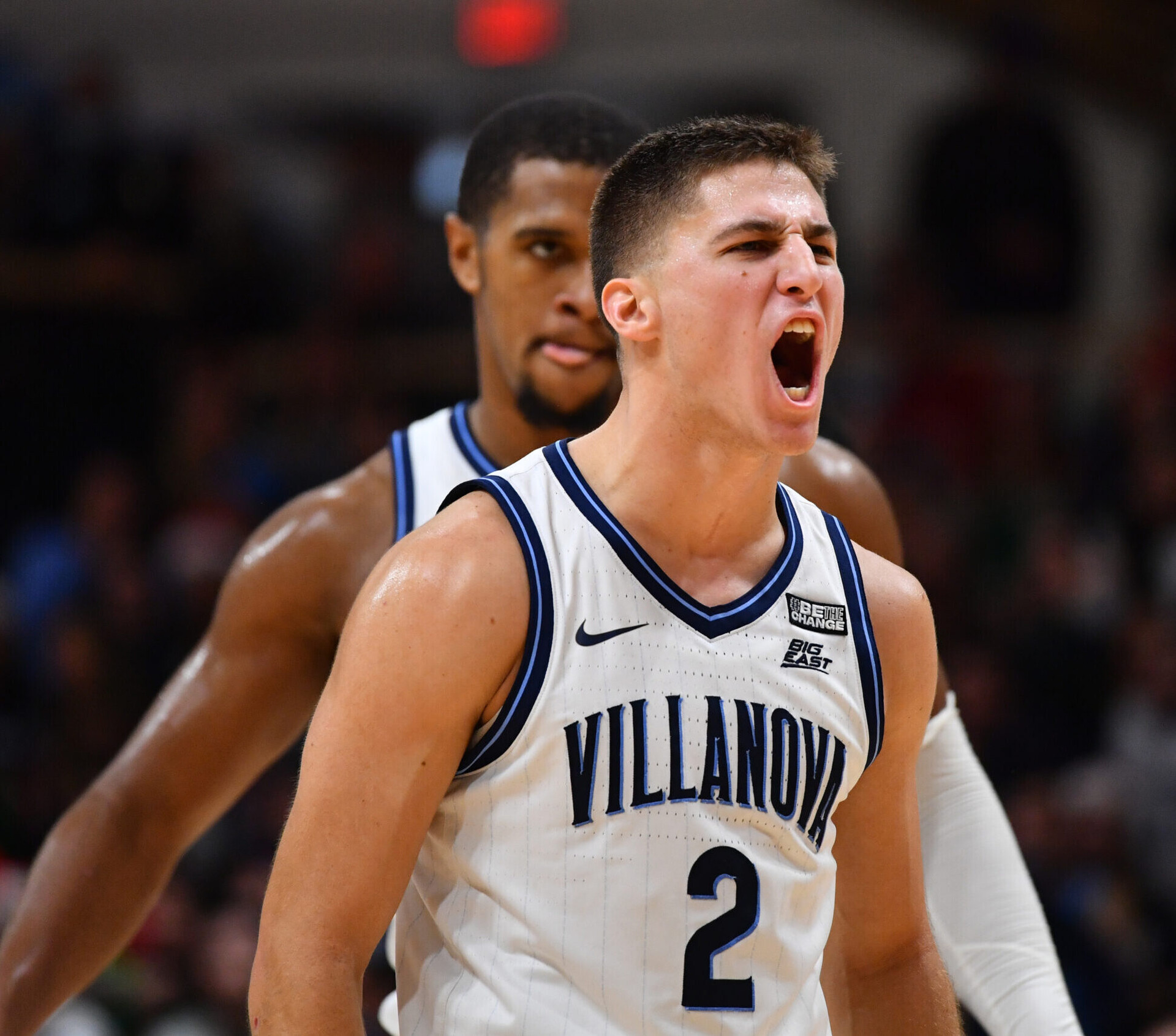 Villanova Wildcats guard Collin Gillespie (2) reacts during a break in a game against the Saint Joseph's Hawks