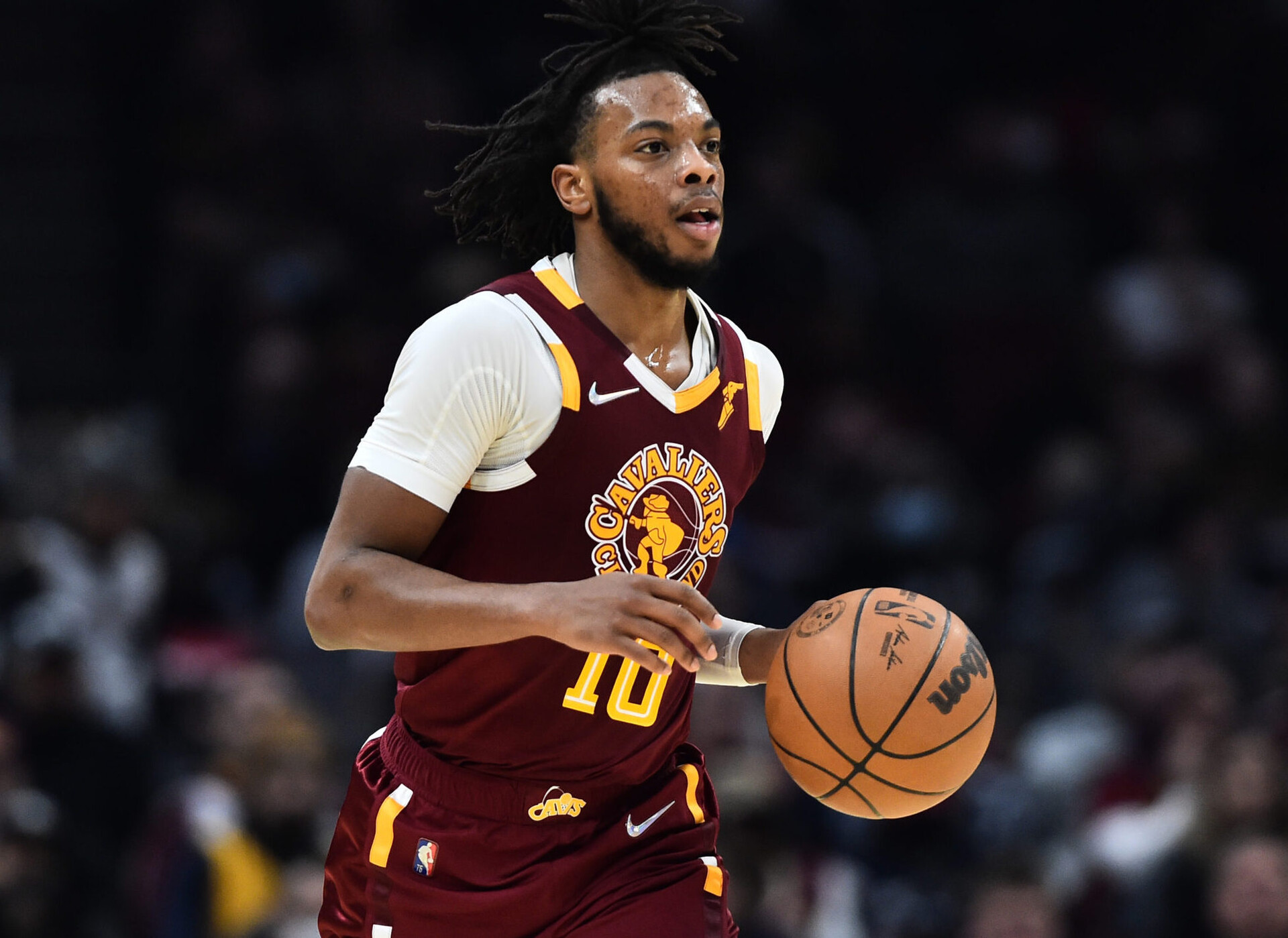 Cleveland Cavaliers guard Darius Garland brings the ball up court during a game against the Utah Jazz