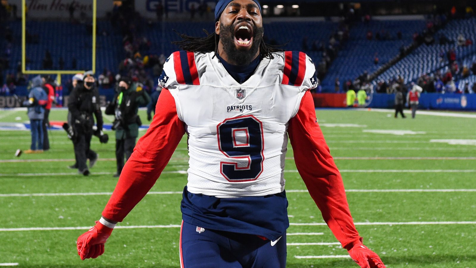 New England Patriots outside linebacker Matt Judon celebrates while leaving the field following a victory against the Buffalo Bills