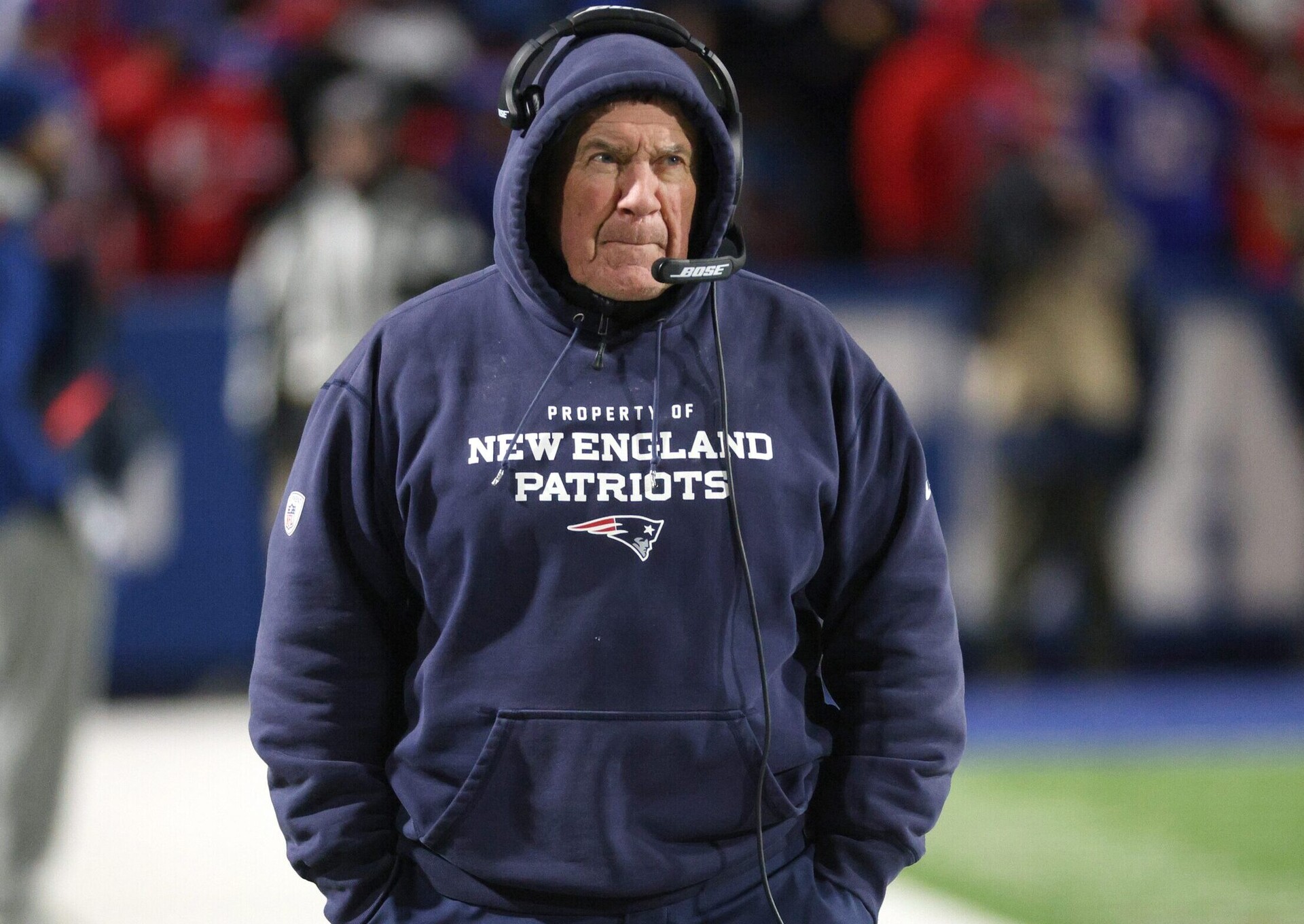 Patriots head coach Bill Belichick on the New England sideline