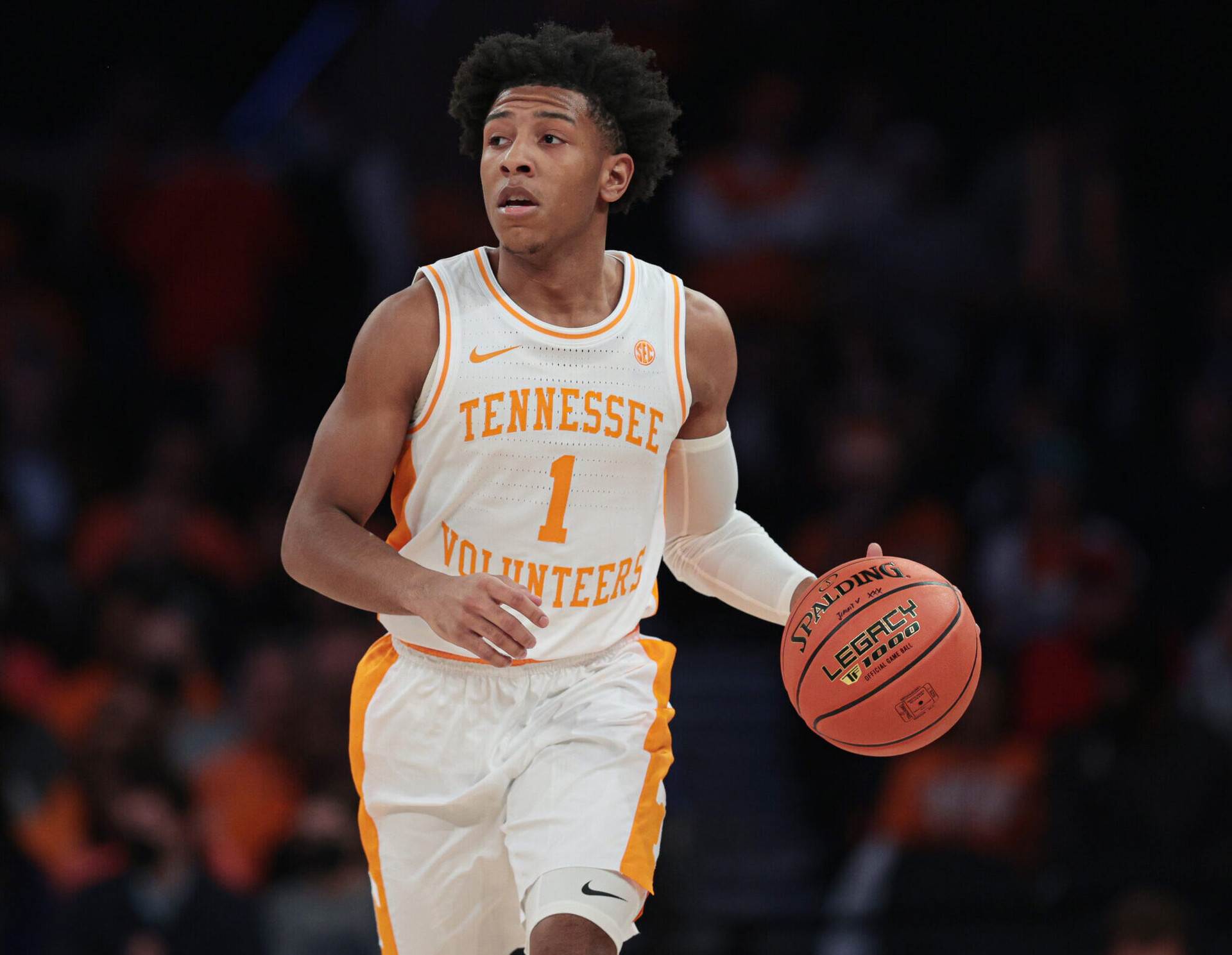 Tennessee Volunteers guard Kennedy Chandler dribbles up court against the Texas Tech Red Raiders