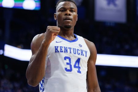 Kentucky Wildcats forward Oscar Tshiebwe (34) celebrates during the second half against the Southern University Jaguars at Rupp Arena at Central Bank Center.