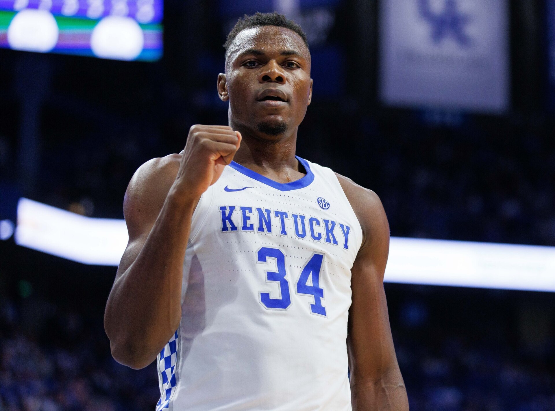 Kentucky Wildcats forward Oscar Tshiebwe (34) celebrates during the second half against the Southern University Jaguars at Rupp Arena at Central Bank Center.