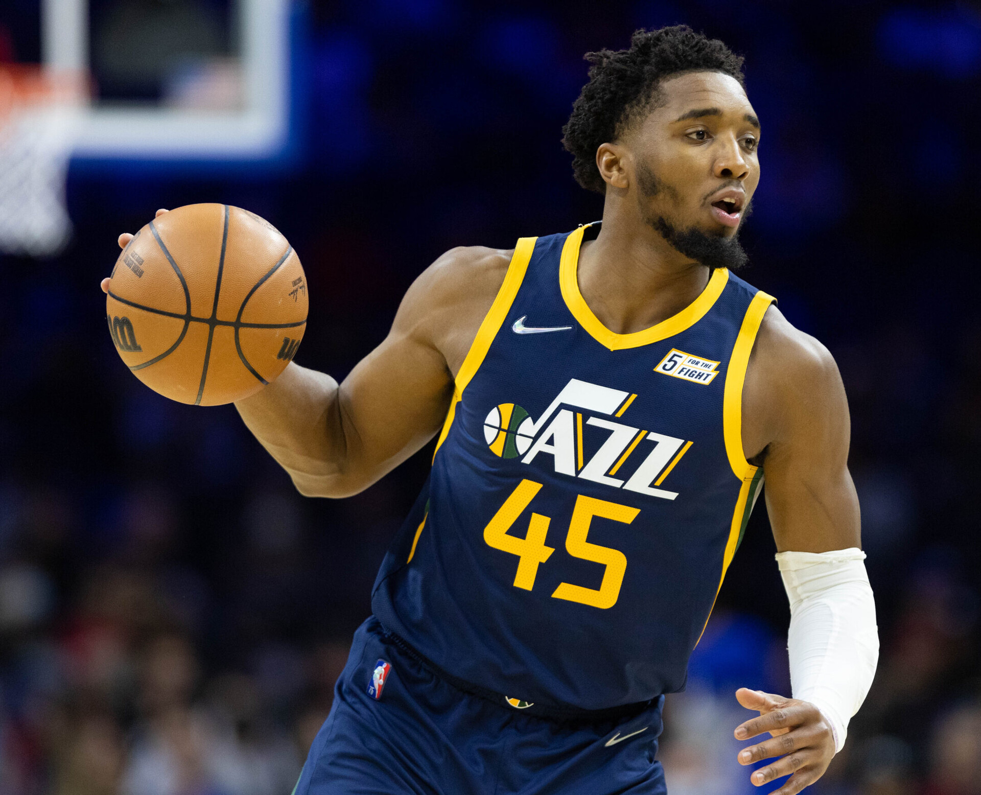 Utah Jazz guard Donovan Mitchell dribbles the ball against the Philadelphia 76ers