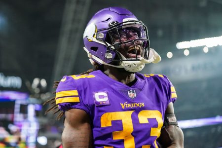 Minnesota Vikings running back Dalvin Cook (33) celebrates his touchdown during the second quarter against the Pittsburgh Steelers at U.S. Bank Stadium.