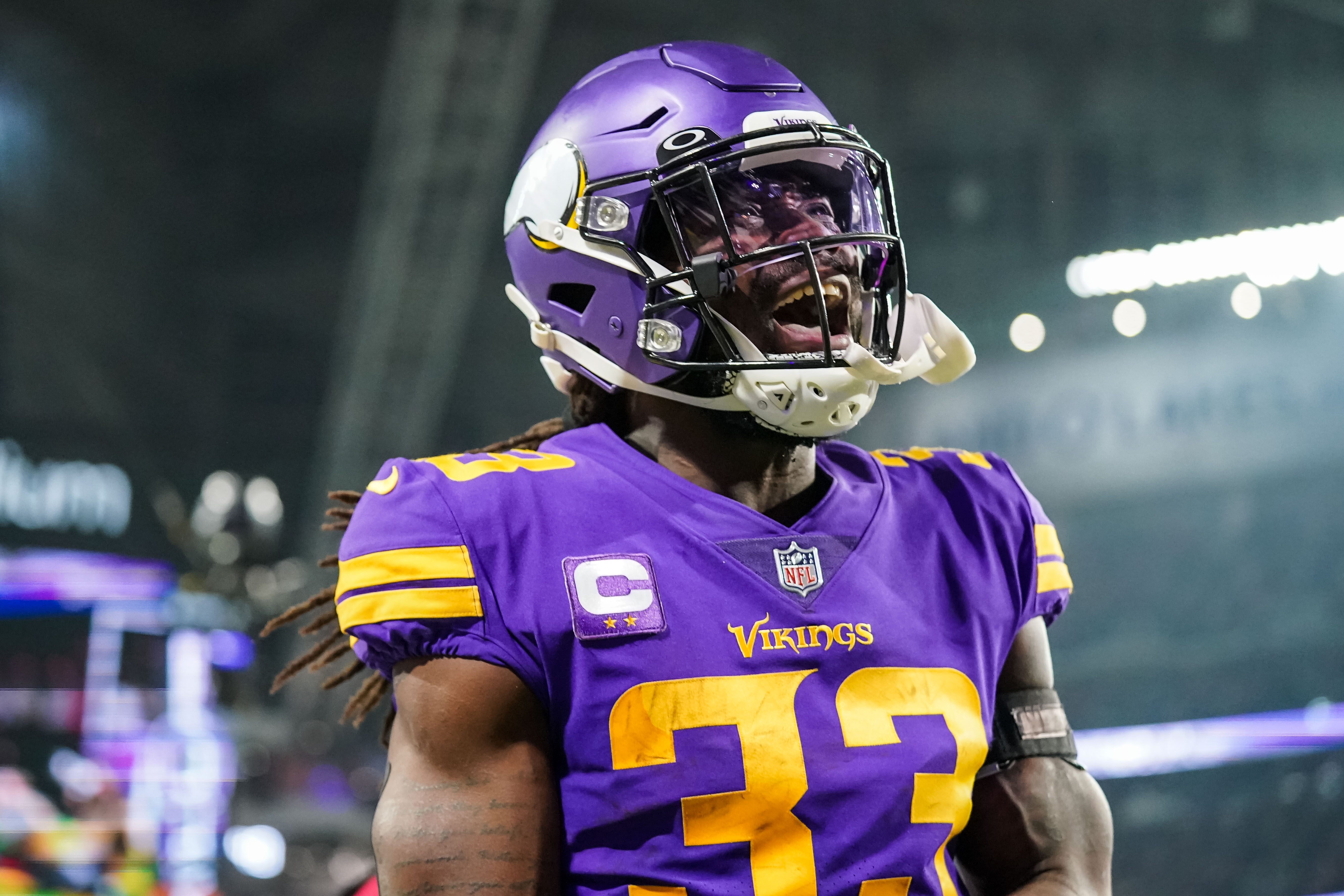 Minnesota Vikings running back Dalvin Cook (33) celebrates his touchdown during the second quarter against the Pittsburgh Steelers at U.S. Bank Stadium.