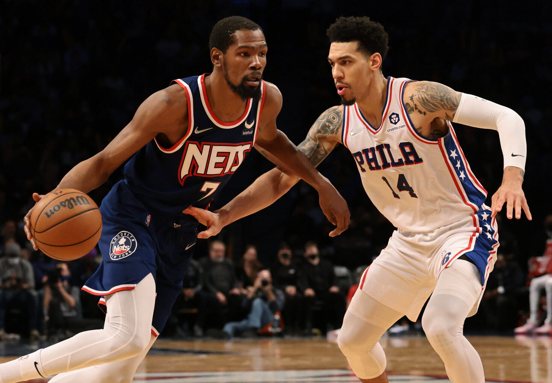 Dec 16, 2021; Brooklyn, New York, USA; Brooklyn Nets forward Kevin Durant (7) drives to the basket asPhiladelphia 76ers forward Danny Green (14) defends during the second half at Barclays Center. Mandatory Credit: Vincent Carchietta-USA TODAY Sports