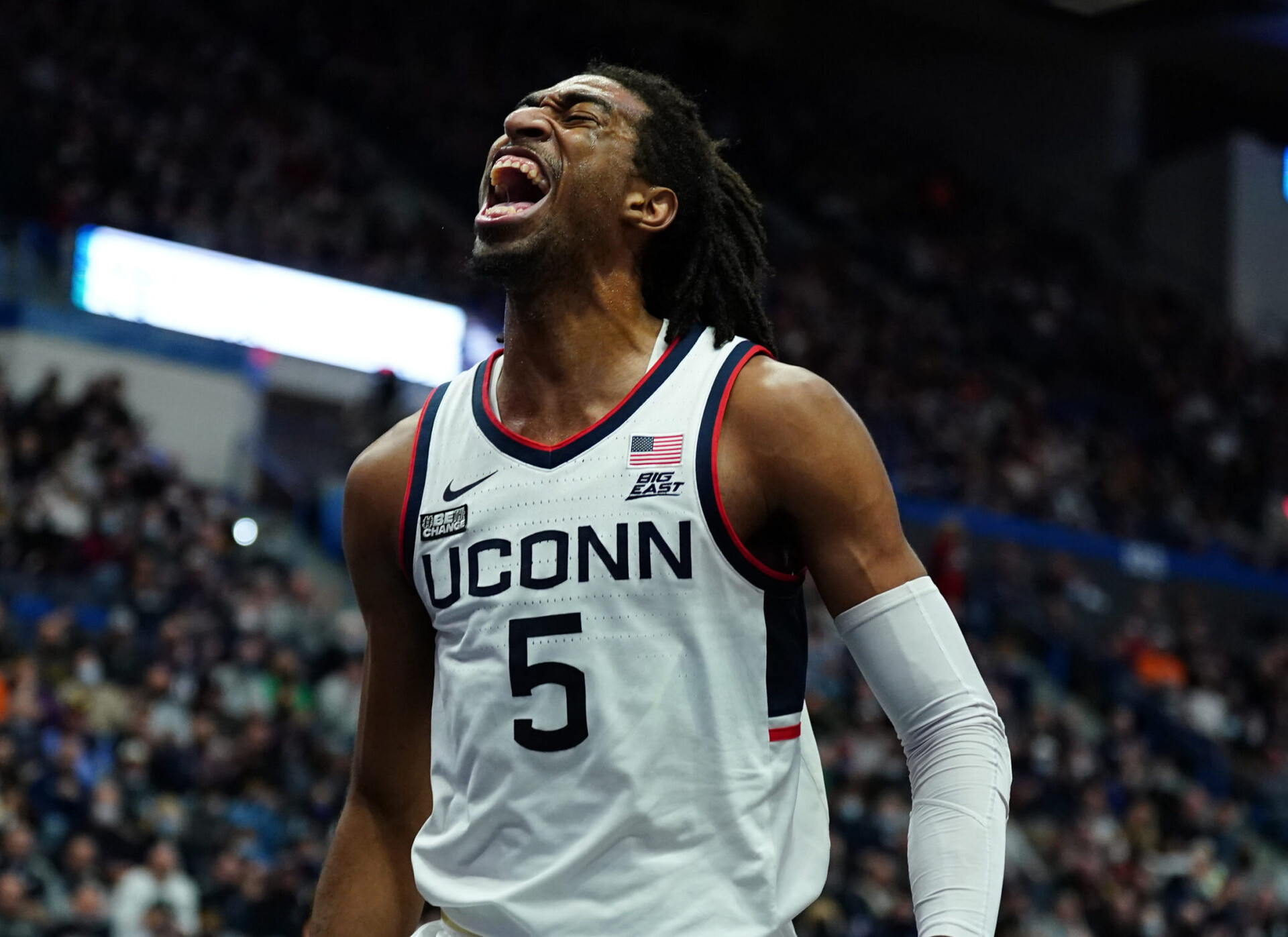 Connecticut Huskies forward Isaiah Whaley reacts after a basket and foul against the Providence Friars