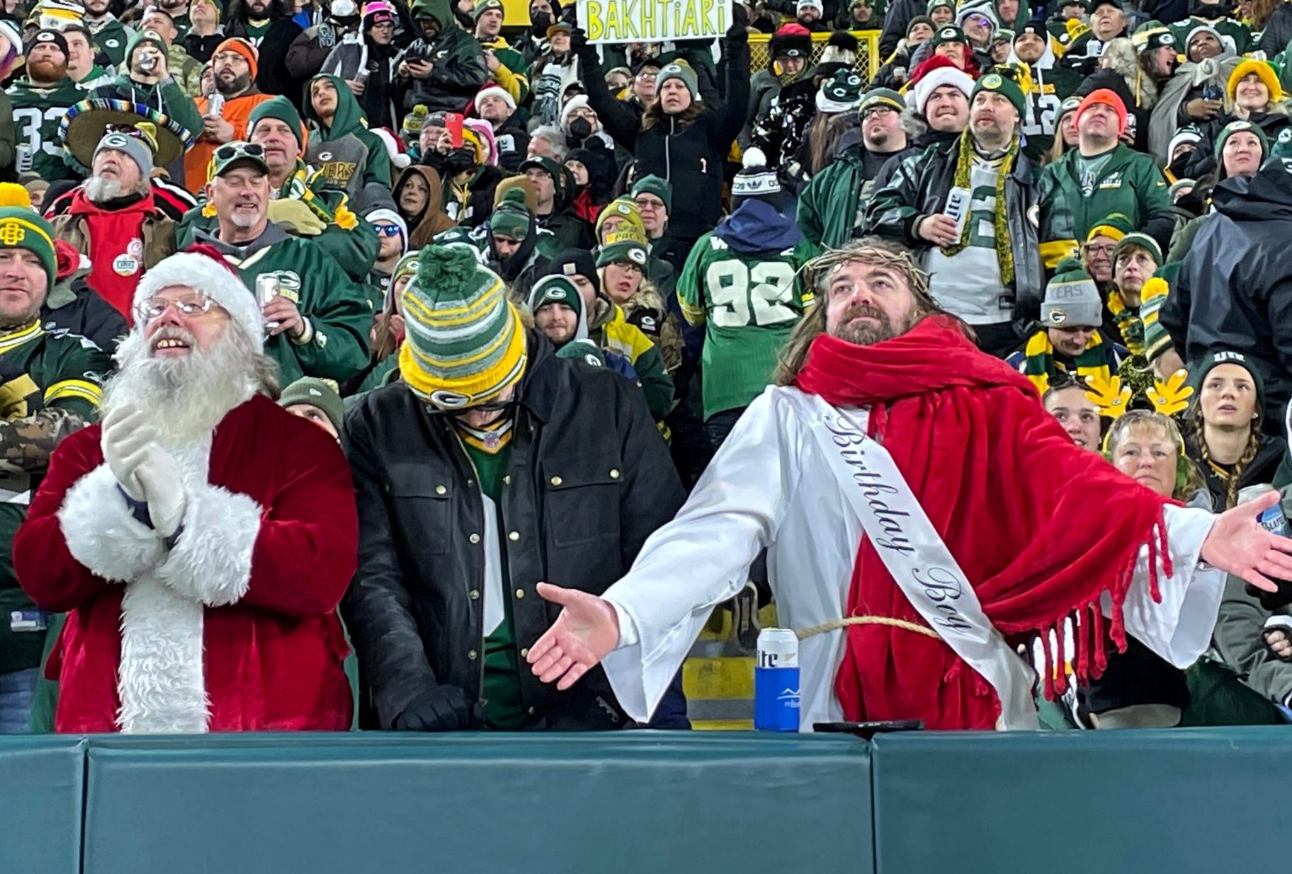 Festive Green Bay Packers fans including one dressed as Santa Claus and Jesus Christ, are shown during their teams game against the Cleveland Browns Saturday, December 25, 2021 at Lambeau Field in Green Bay, Wis. Packers26 13