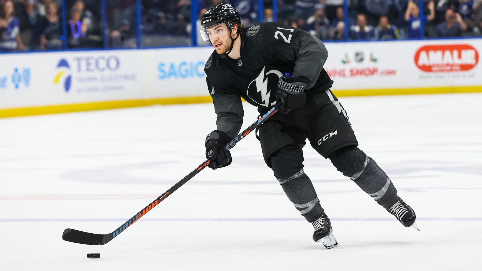 Brayden Point #21 of the Tampa Bay Lightning during a penalty shot against the New Jersey Devils during the third period at Amalie Arena on November 20, 2021 in Tampa, Florida.