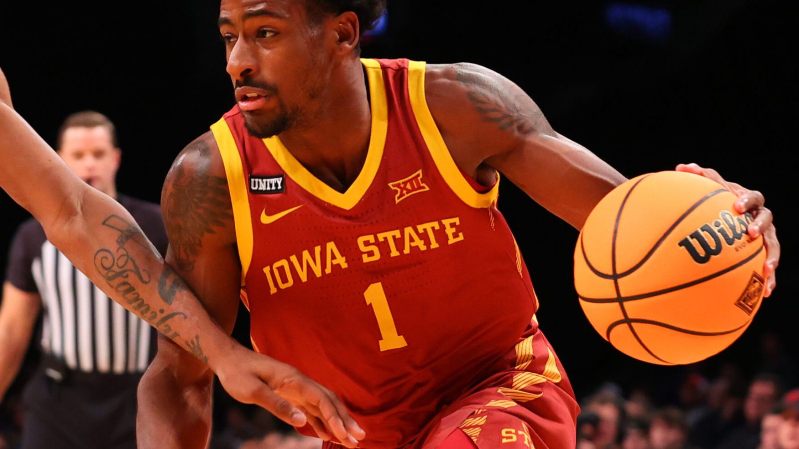 Iowa State Cyclones guard Izaiah Brockington (1) during the first half of the NIT Season Tip Off college basketball game between the and the Memphis Tigers and the Iowa State Cyclones on November 26, 2021 at the Barclays Center in Brooklyn, NY.