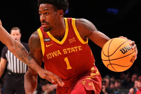 Iowa State Cyclones guard Izaiah Brockington (1) during the first half of the NIT Season Tip Off college basketball game between the and the Memphis Tigers and the Iowa State Cyclones on November 26, 2021 at the Barclays Center in Brooklyn, NY.