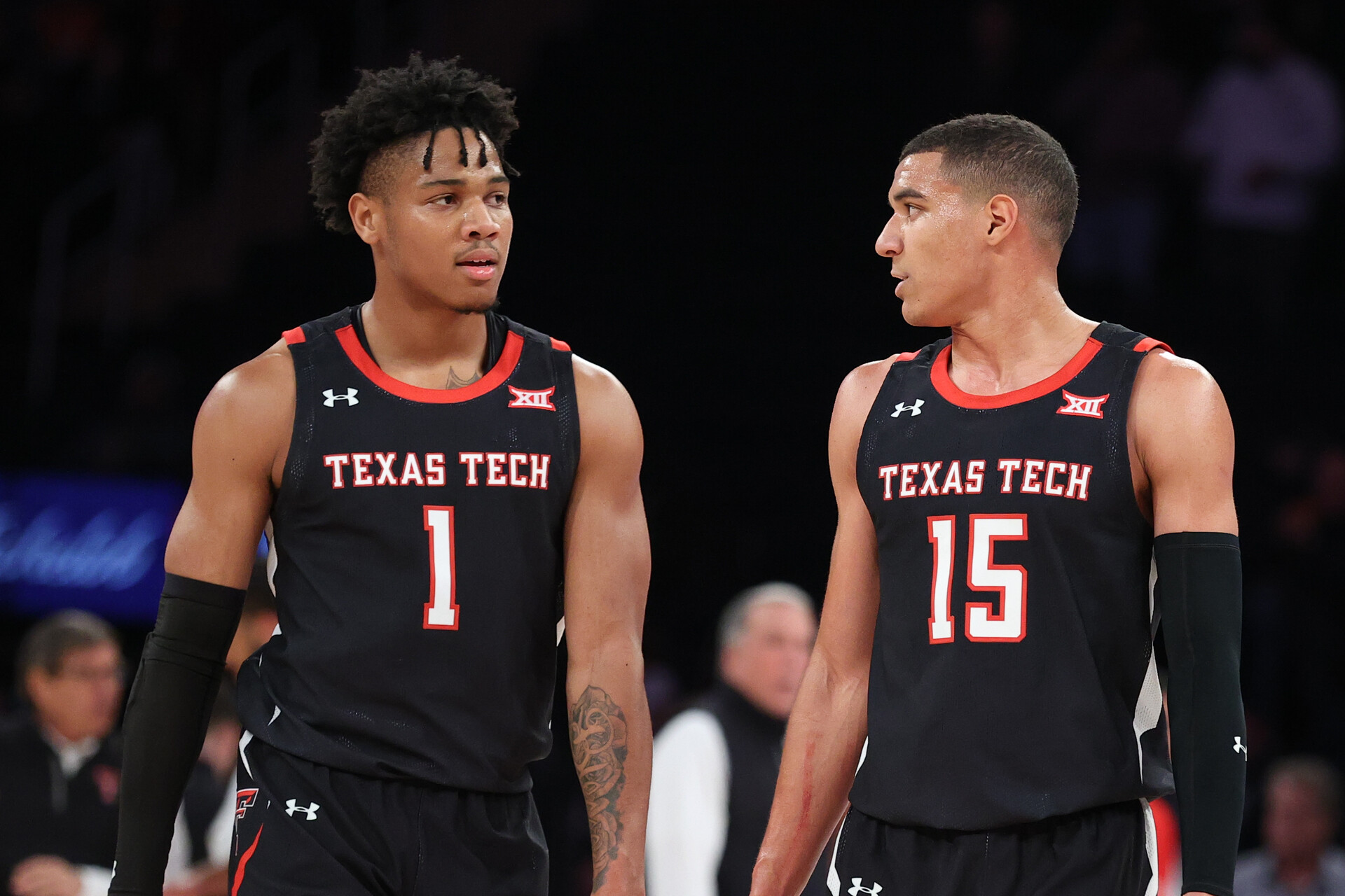 Texas Tech Red Raiders guard Terrence Shannon Jr. (1) and Texas Tech Red Raiders guard Kevin McCullar (15) during the college basketball game between the Tennessee Volunteers and the Texas Tech Red Raiders on December 7, 2021 at Madison Square Garden in New York City,NY. 
