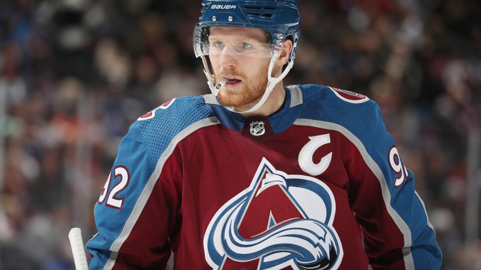 Gabriel Landeskog #92 of the Colorado Avalanche looks on during a break in the action against the Toronto Maple Leafs at Ball Arena on January 08, 2022 in Denver, Colorado.