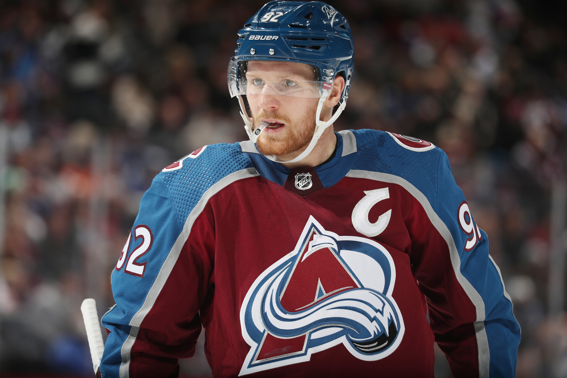 Gabriel Landeskog #92 of the Colorado Avalanche looks on during a break in the action against the Toronto Maple Leafs at Ball Arena on January 08, 2022 in Denver, Colorado.