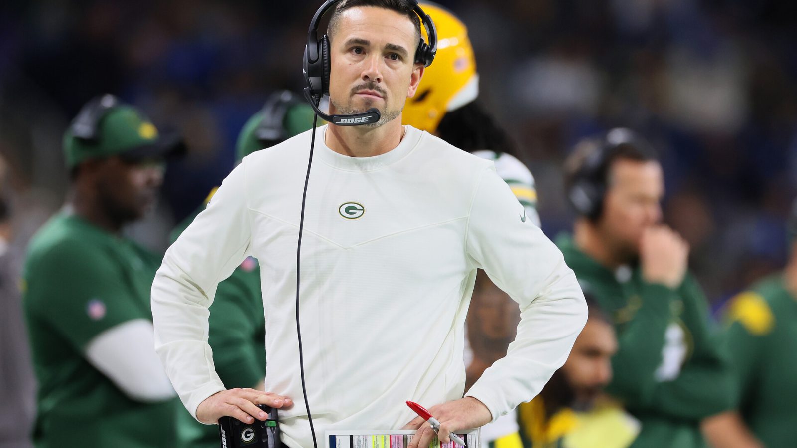 Green Bay Packers head coach Matt LaFleur looks on from the sidelines during an NFL football game between the Detroit Lions and the Green Bay Packers in Detroit, Michigan USA, on Sunday, January 9, 2022.