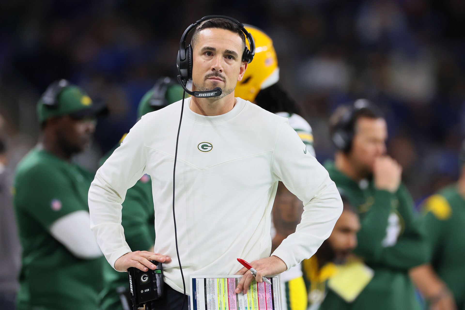 Green Bay Packers head coach Matt LaFleur looks on from the sidelines during an NFL football game between the Detroit Lions and the Green Bay Packers in Detroit, Michigan USA, on Sunday, January 9, 2022.