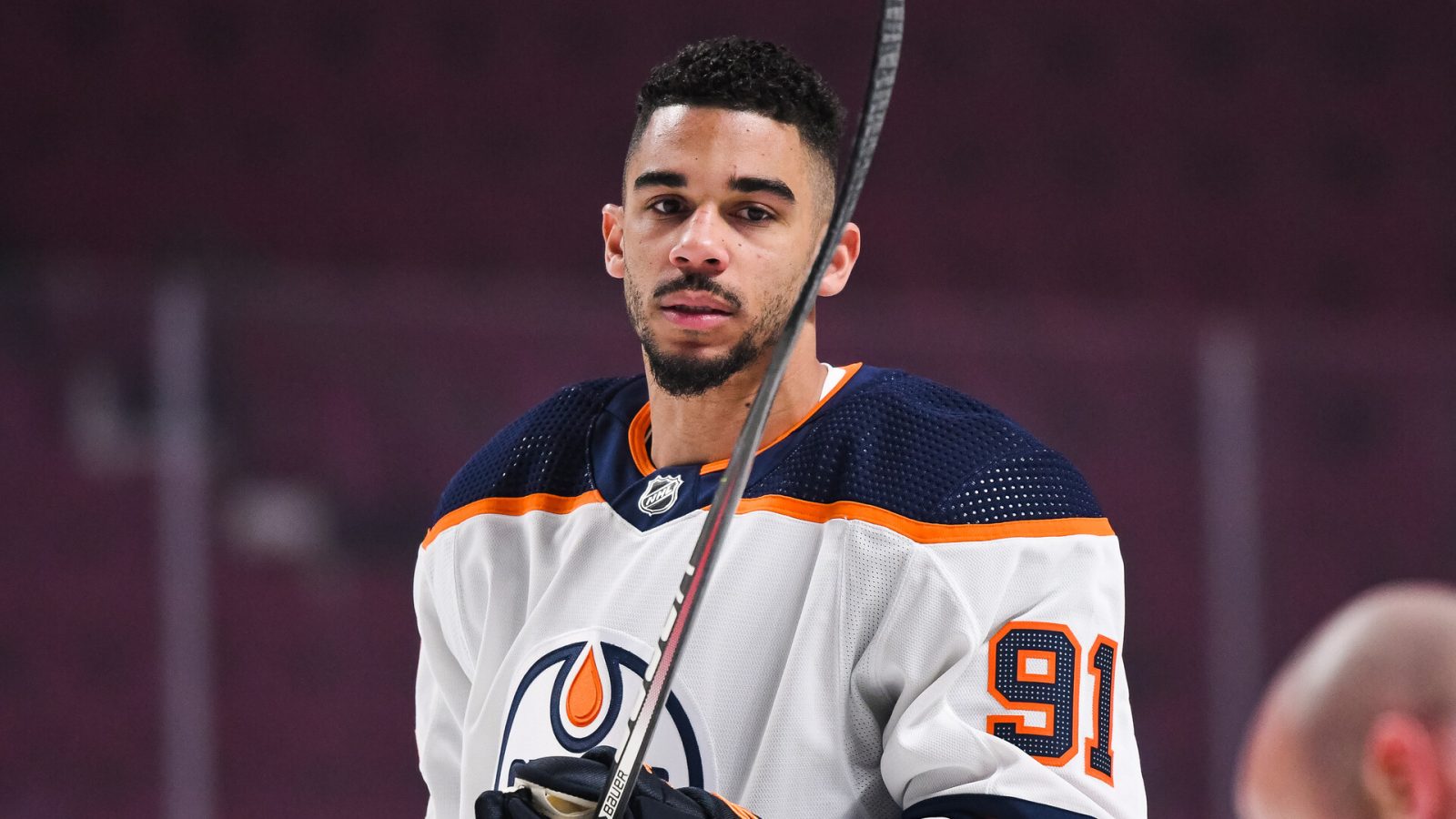 Look on Edmonton Oilers left wing Evander Kane (91) at warm-up before the Edmonton Oilers versus the Montreal Canadiens game on January 29, 2022, at Bell Centre in Montreal, QC