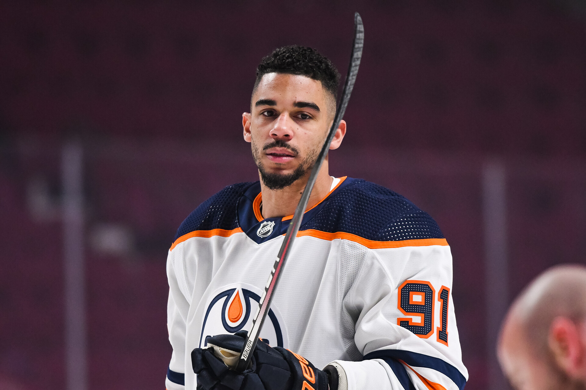 Look on Edmonton Oilers left wing Evander Kane (91) at warm-up before the Edmonton Oilers versus the Montreal Canadiens game on January 29, 2022, at Bell Centre in Montreal, QC