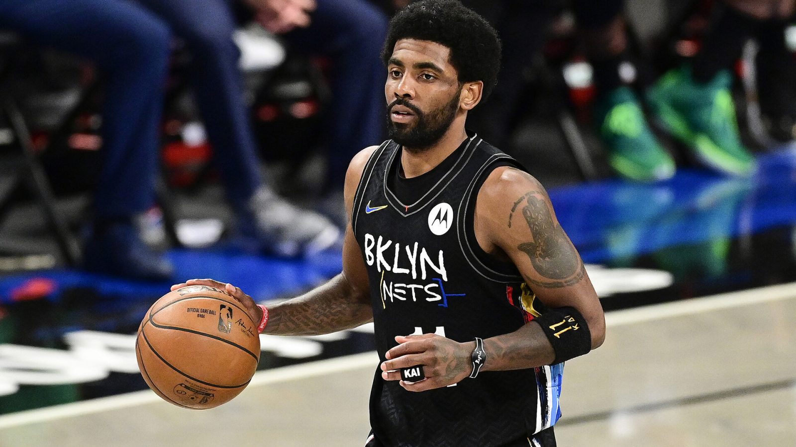 Kyrie Irving #11 of the Brooklyn Nets handles the ball against the Boston Celtics in Game Five of the First Round of the 2021 NBA Playoffs at Barclays Center on June 01, 2021 in the Brooklyn borough of New York City.