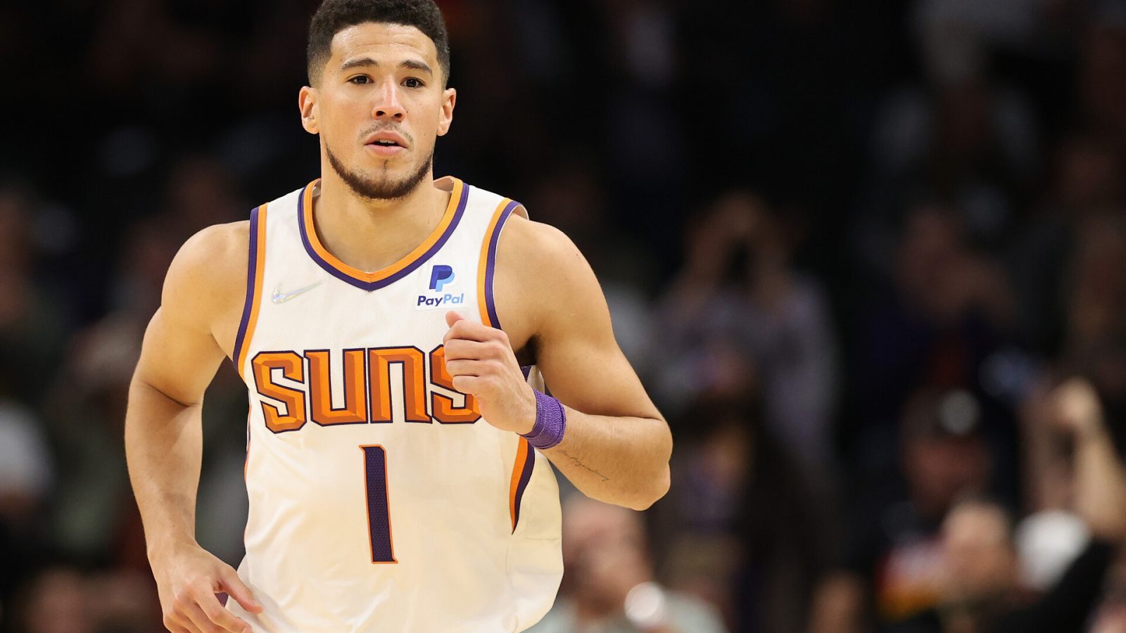 Devin Booker #1 of the Phoenix Suns during the NBA game at Footprint Center on November 02, 2021 in Phoenix, Arizona. The Suns defeated the Pelicans 112-100.